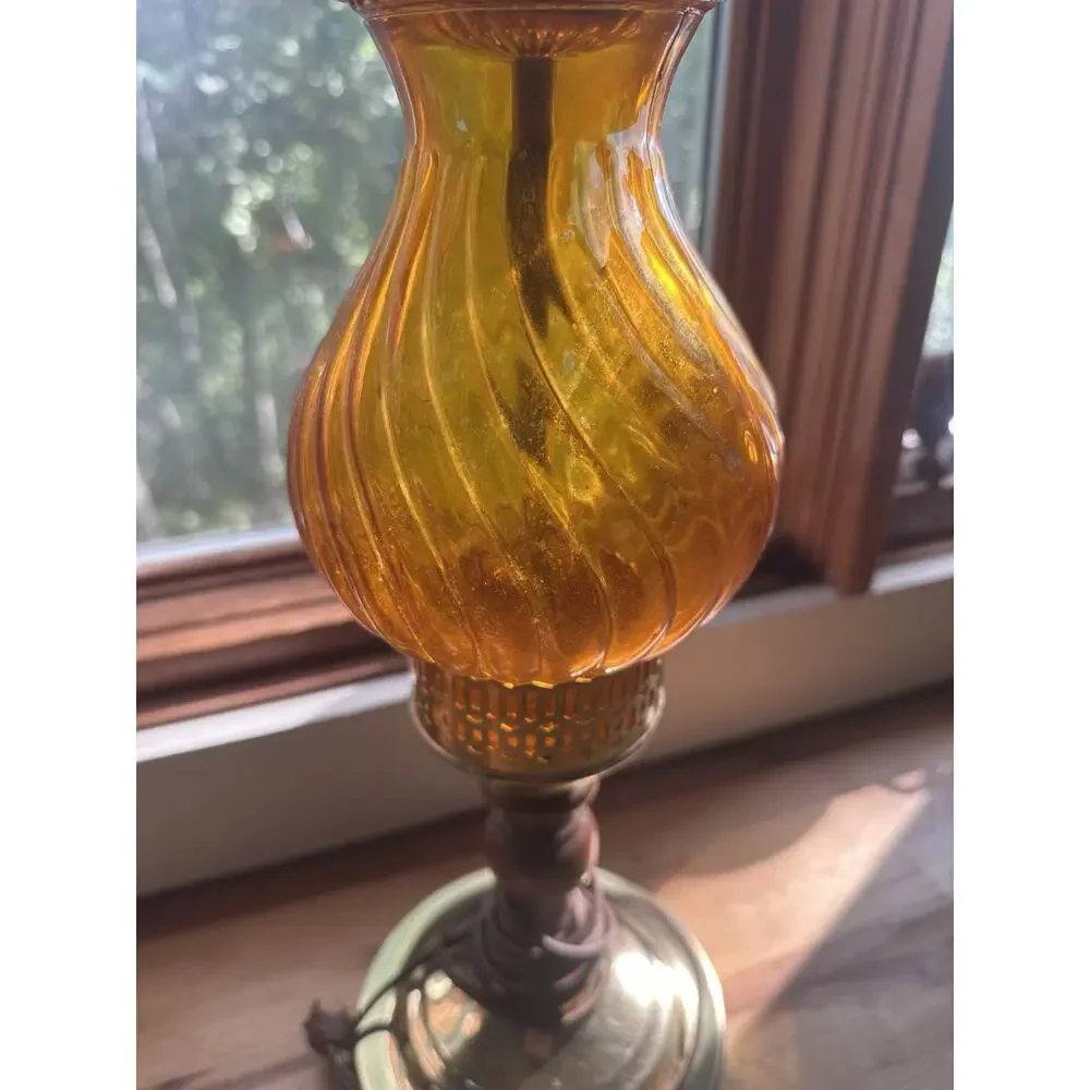Vintage Diamond Optic Amber Glass Table Lamp Brass Wood Mid Century